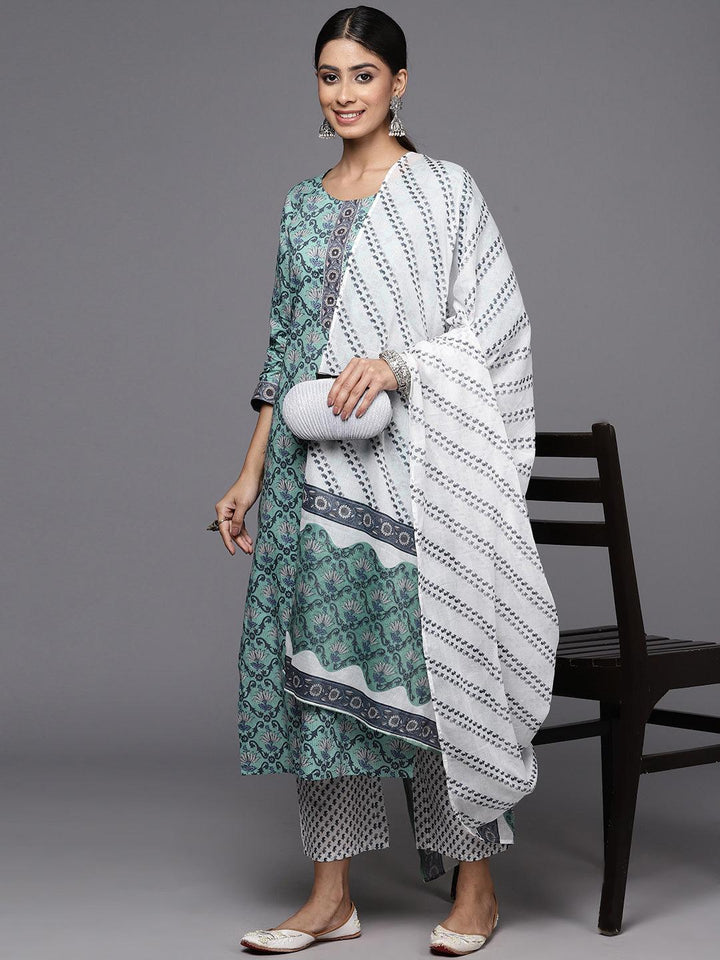 Green Printed Cotton Straight Kurta With Trousers & Dupatta