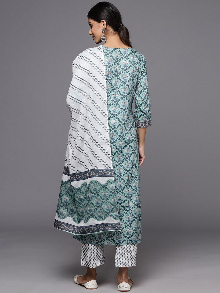 Green Printed Cotton Straight Kurta With Trousers & Dupatta