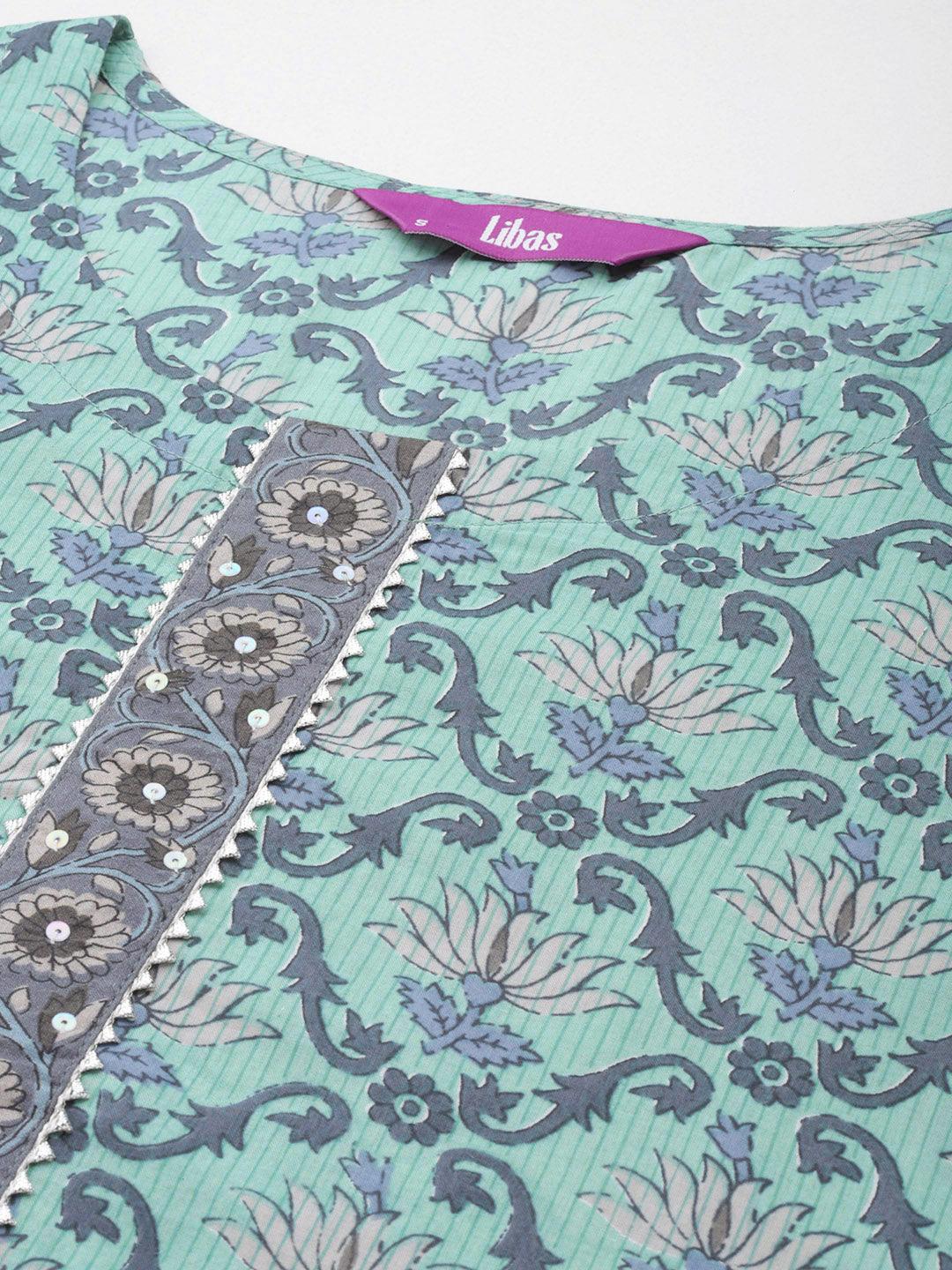 Green Printed Cotton Straight Kurta With Trousers & Dupatta