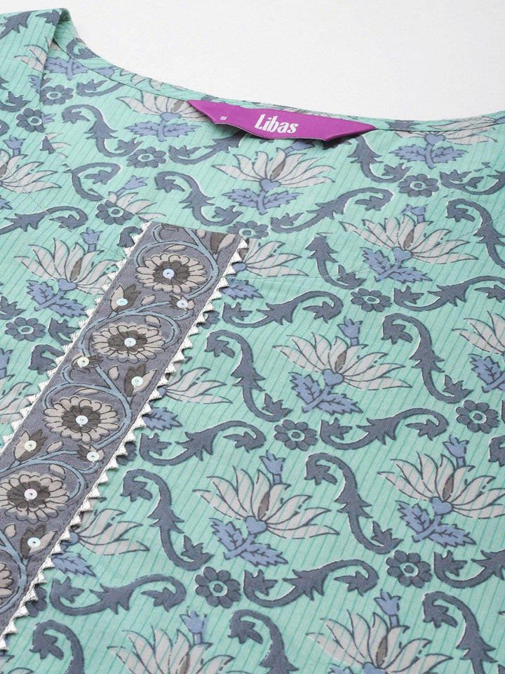 Green Printed Cotton Straight Kurta With Trousers & Dupatta