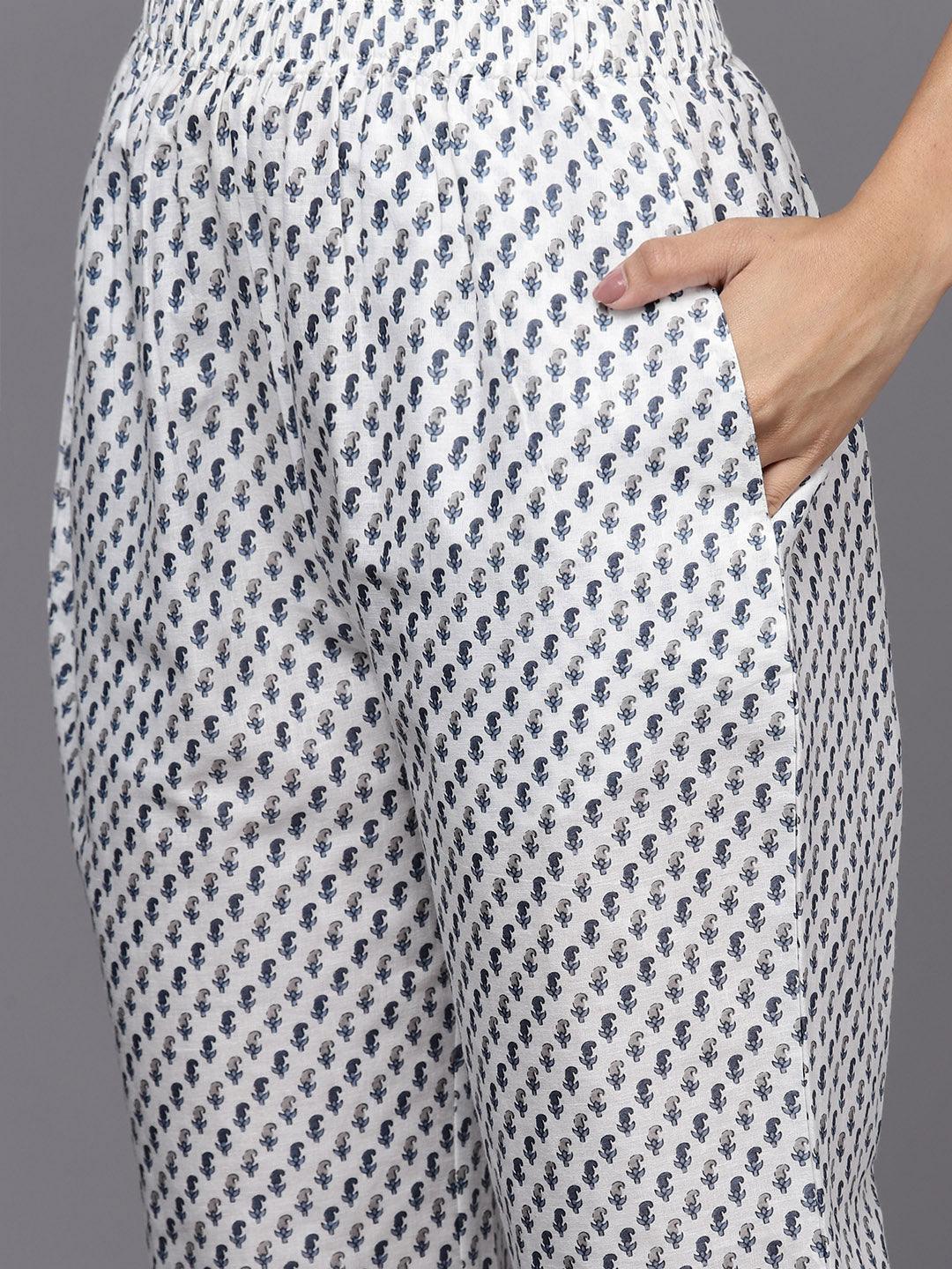 Green Printed Cotton Straight Kurta With Trousers & Dupatta