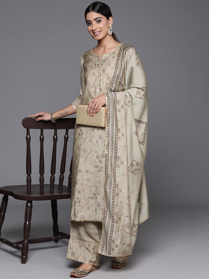 Green Printed Silk Blend Straight Suit With Dupatta