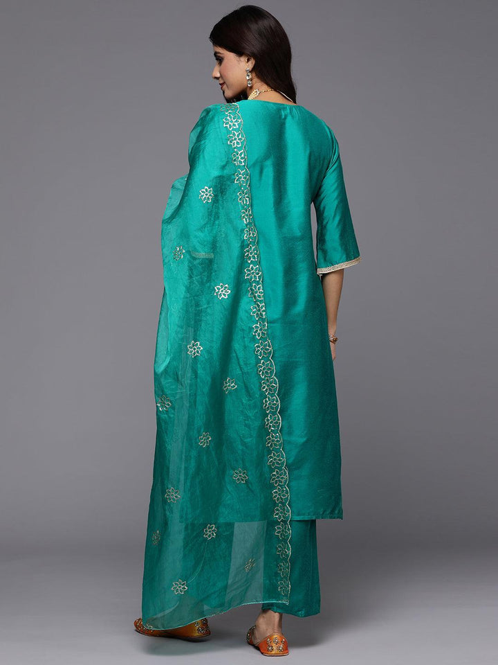 Green Solid Silk Blend Straight Suit With Dupatta