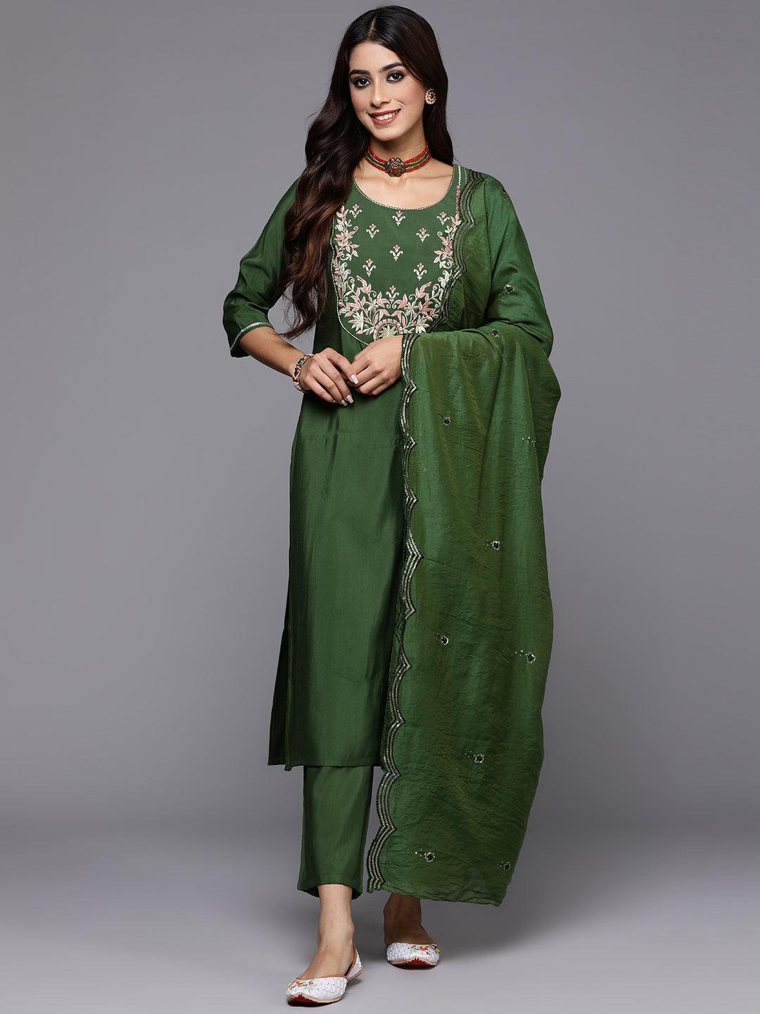 Green Self Design Silk Blend Straight Suit Set With Trousers