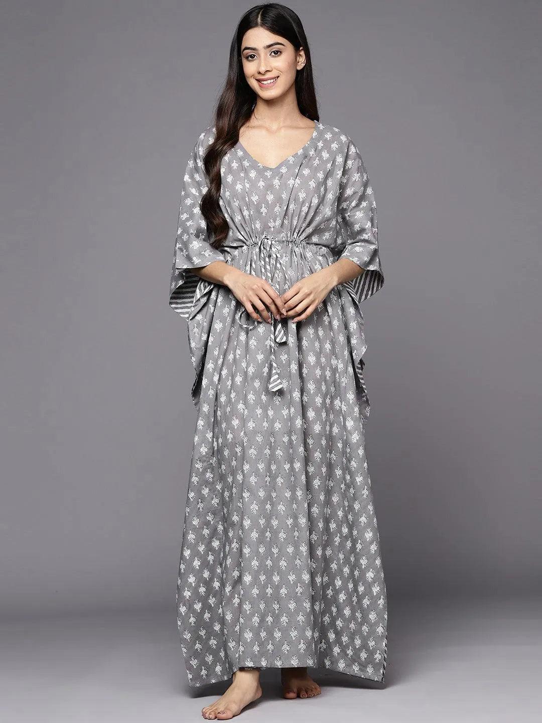 maxi night dress Libas Grey Printed Cotton Nightdress
