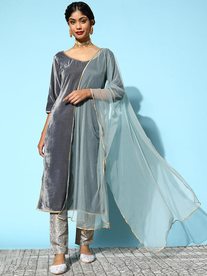 Grey Solid Velvet Straight Kurta With Trousers Dupatta