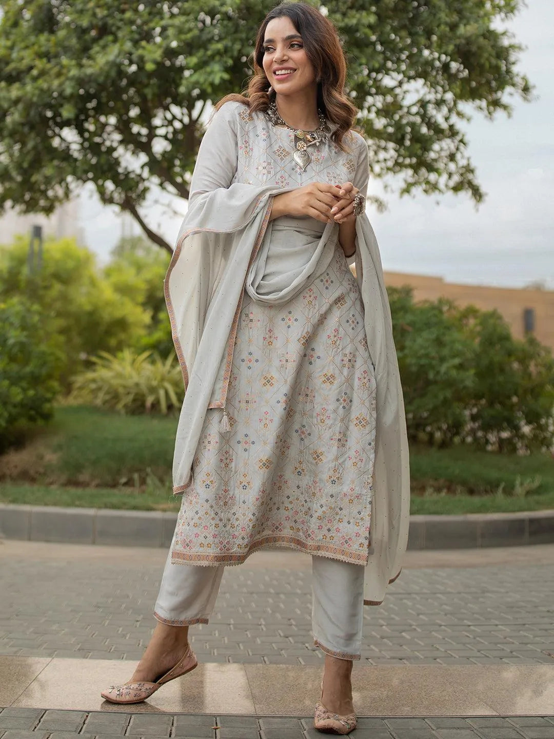 Buy Grey Woven Design Silk Suit Set Online at Libas