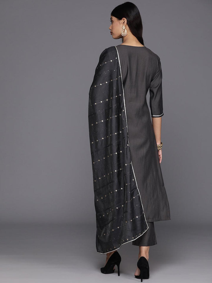 Grey Yoke Design Silk Blend Straight Suit With Dupatta