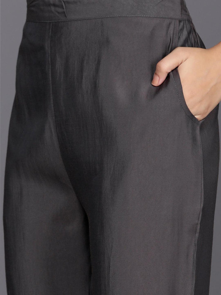 Grey Yoke Design Silk Blend Straight Suit With Dupatta