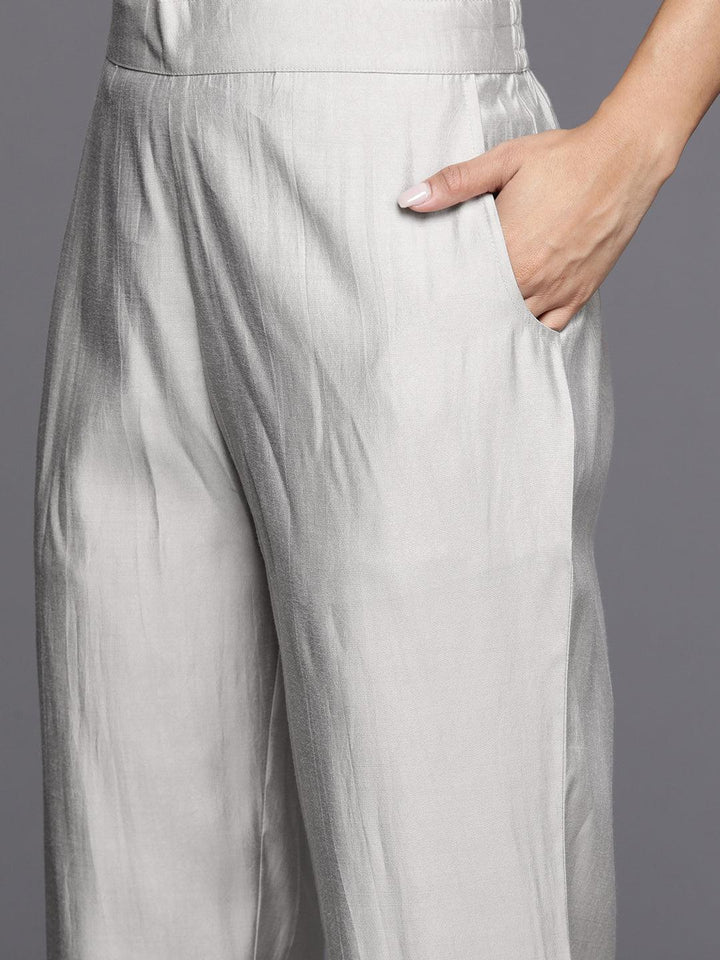 Grey Yoke Design Silk Blend Straight Suit With Dupatta