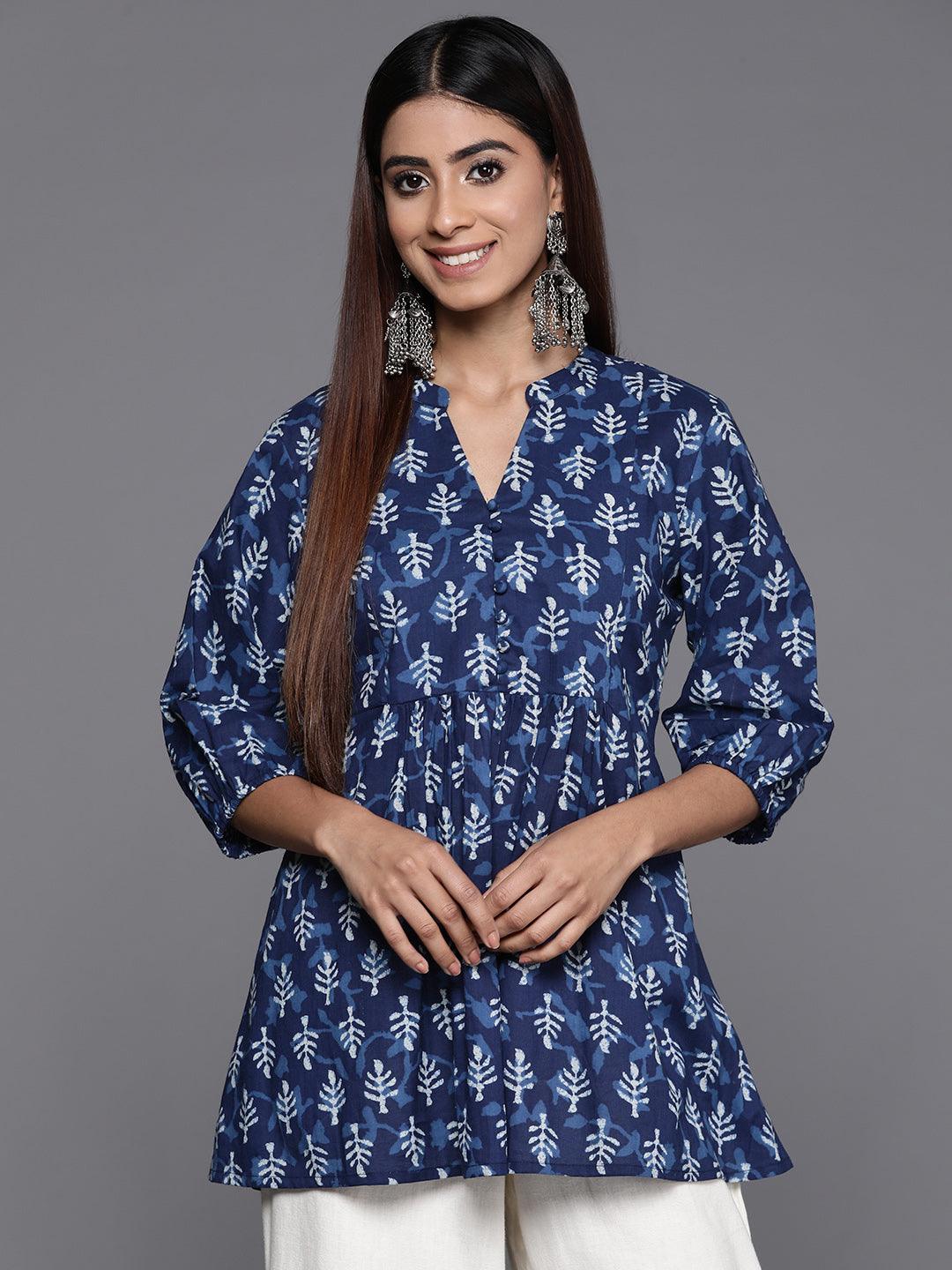 Indigo Printed Cotton A-Line Kurti - ShopLibas