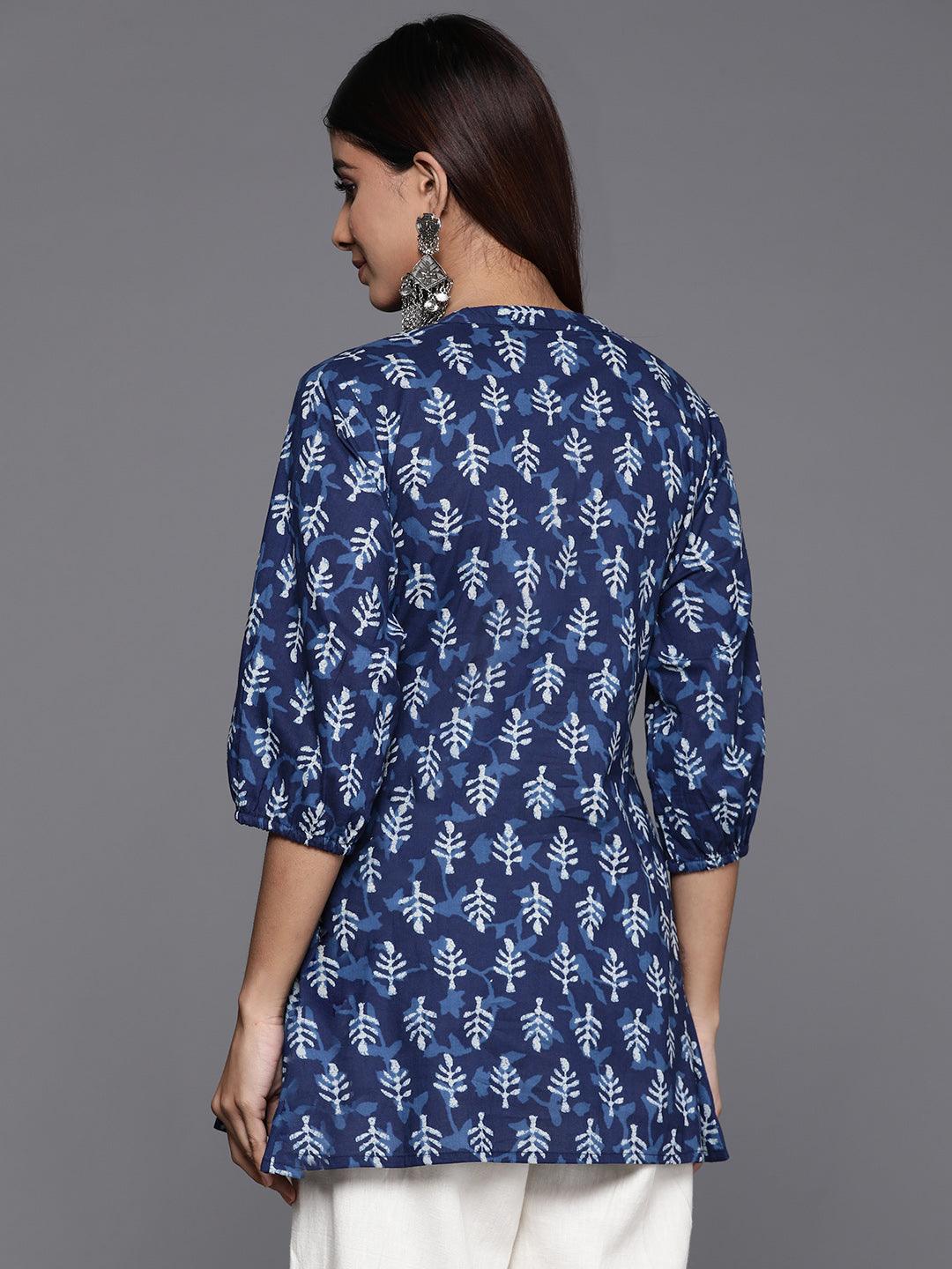 Indigo Printed Cotton A-Line Kurti - ShopLibas