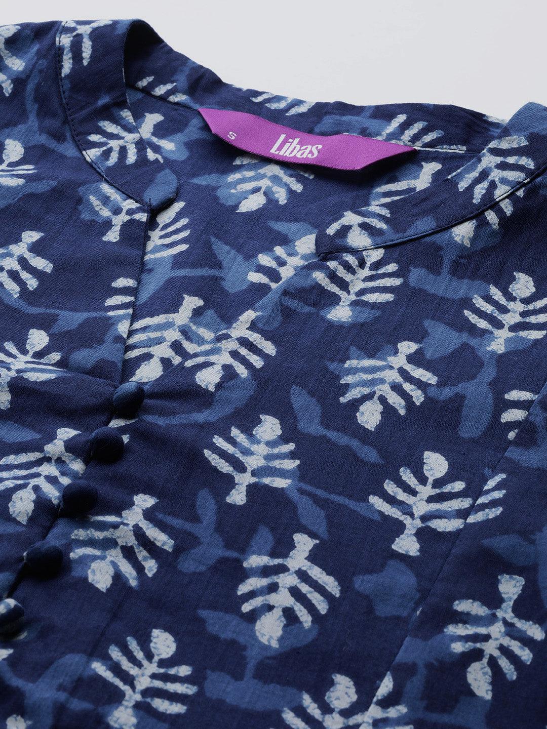 Indigo Printed Cotton A-Line Kurti - ShopLibas