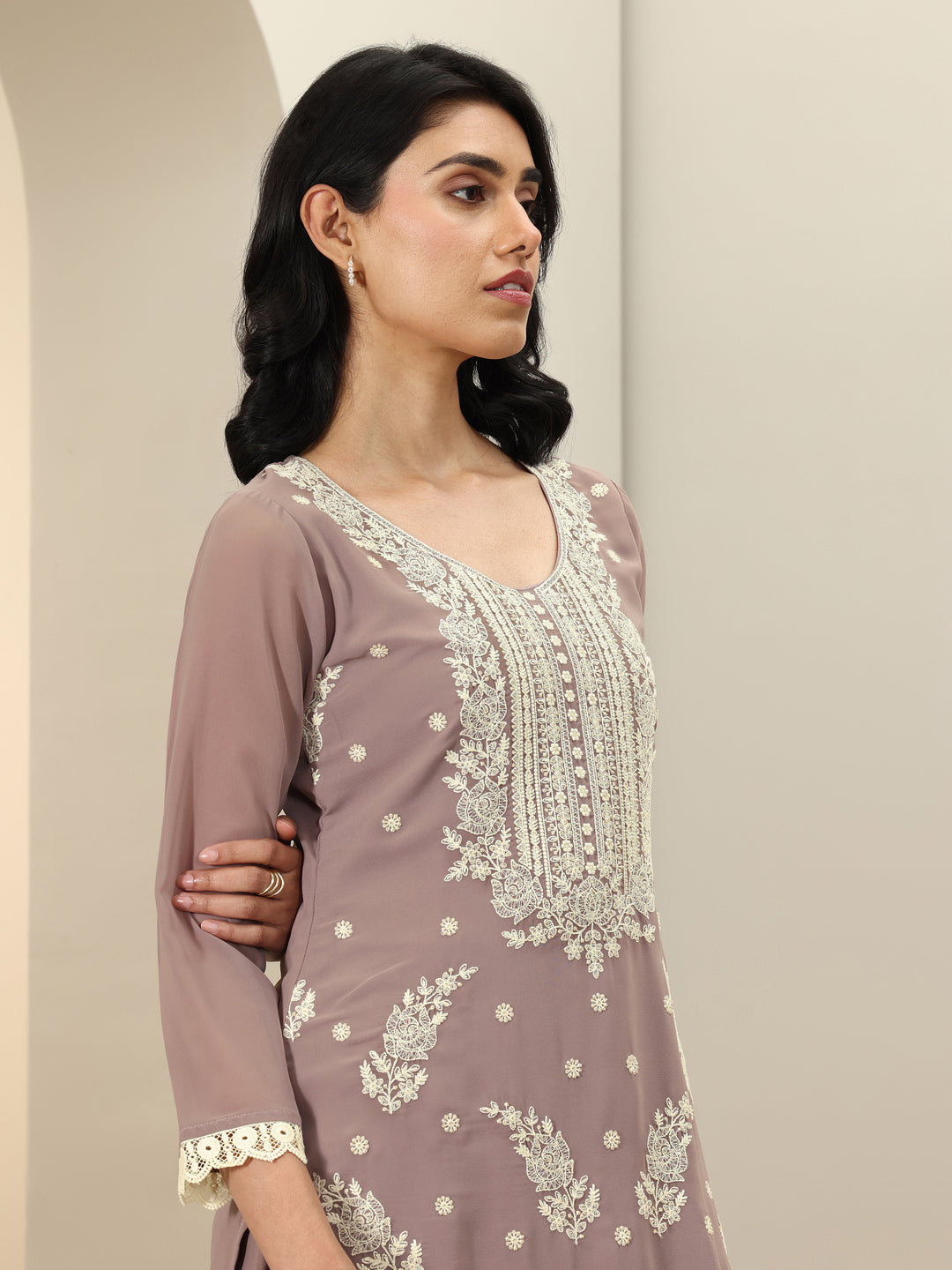 Mauve Embroidered Georgette Straight Suit Sets With Dupatta