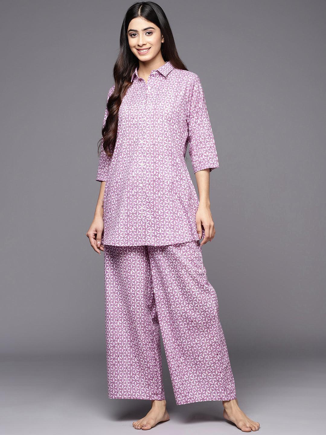 Libas Women Lavender Printed Cotton Night Suit
