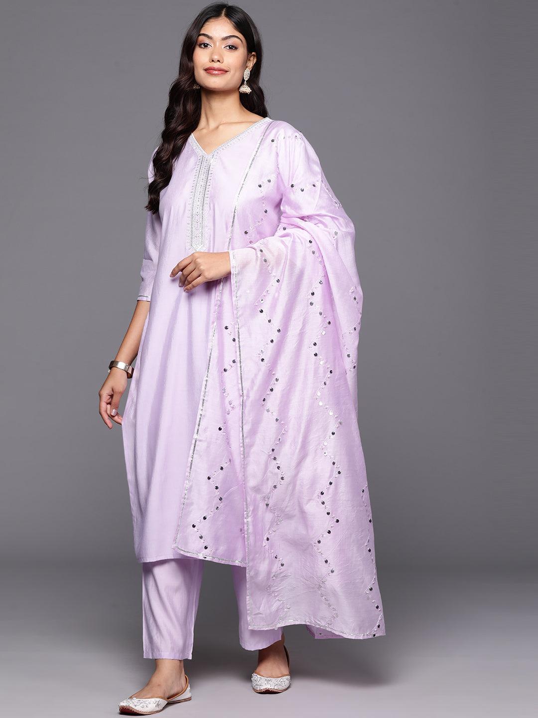 Lavender Self Design Silk Blend Suit Set With Trousers