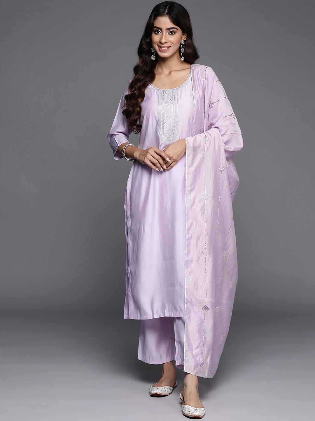 Lavender Yoke Design Silk Blend Straight Kurta With Trousers & Dupatta - Libas