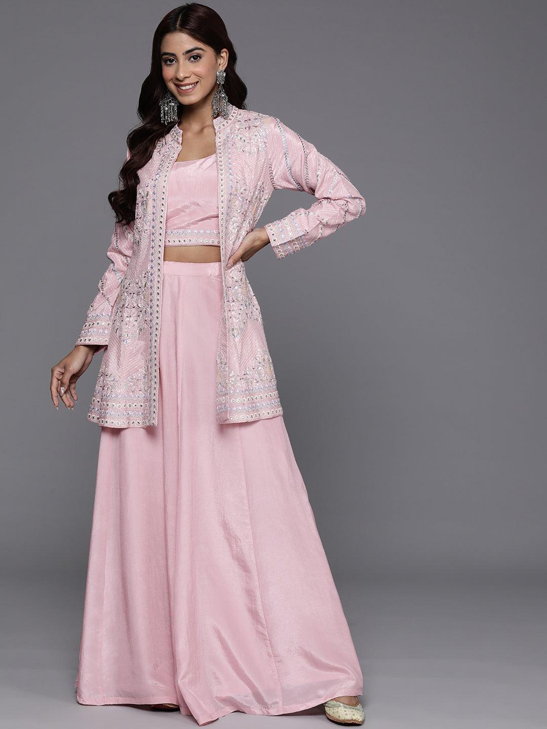Libas Art Pink Embroidered Silk Blend 3 Piece Co-Ords