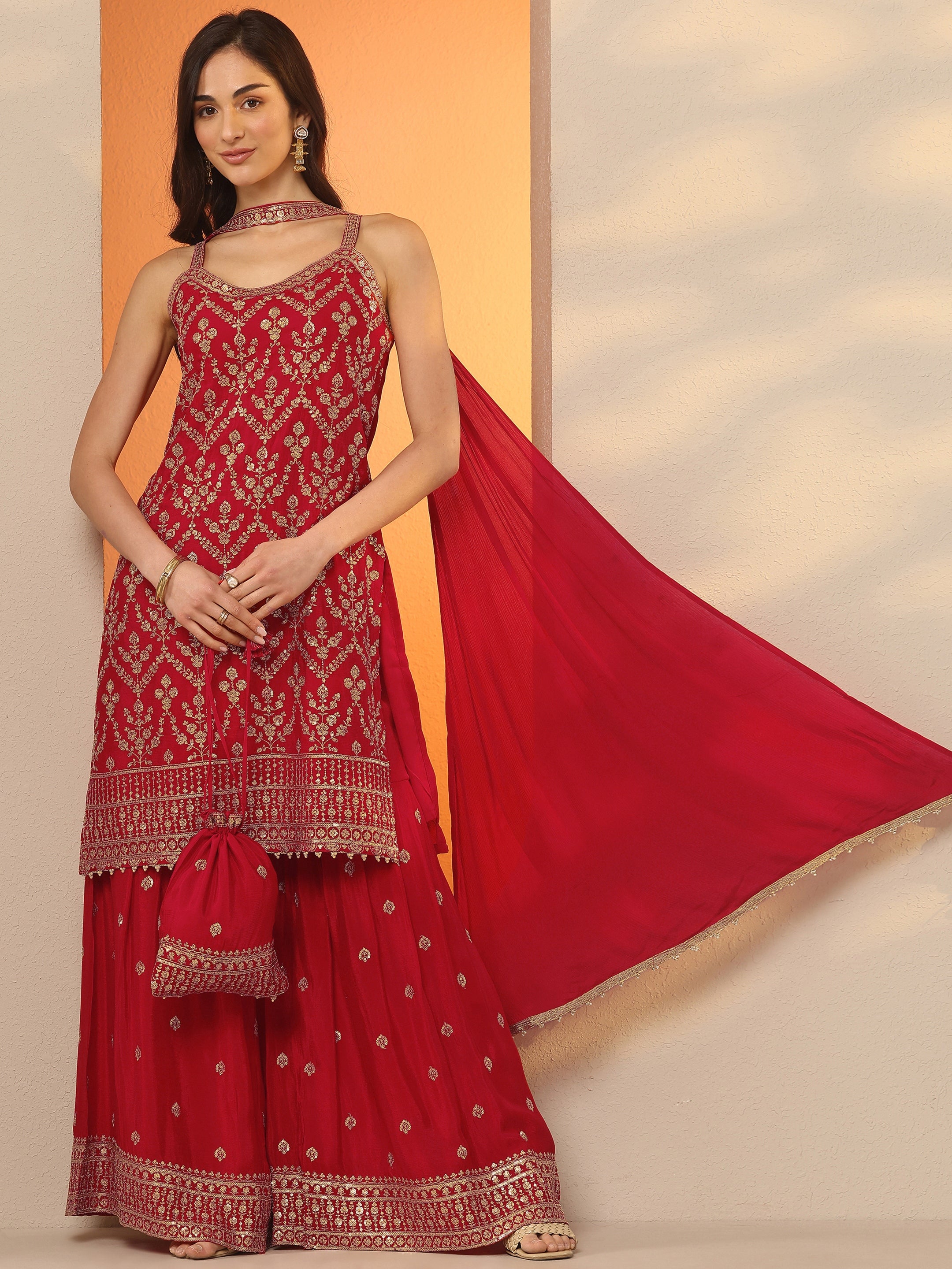 Libas Art Red Embellished Silk Blend Straight Suit Set With Dupatta