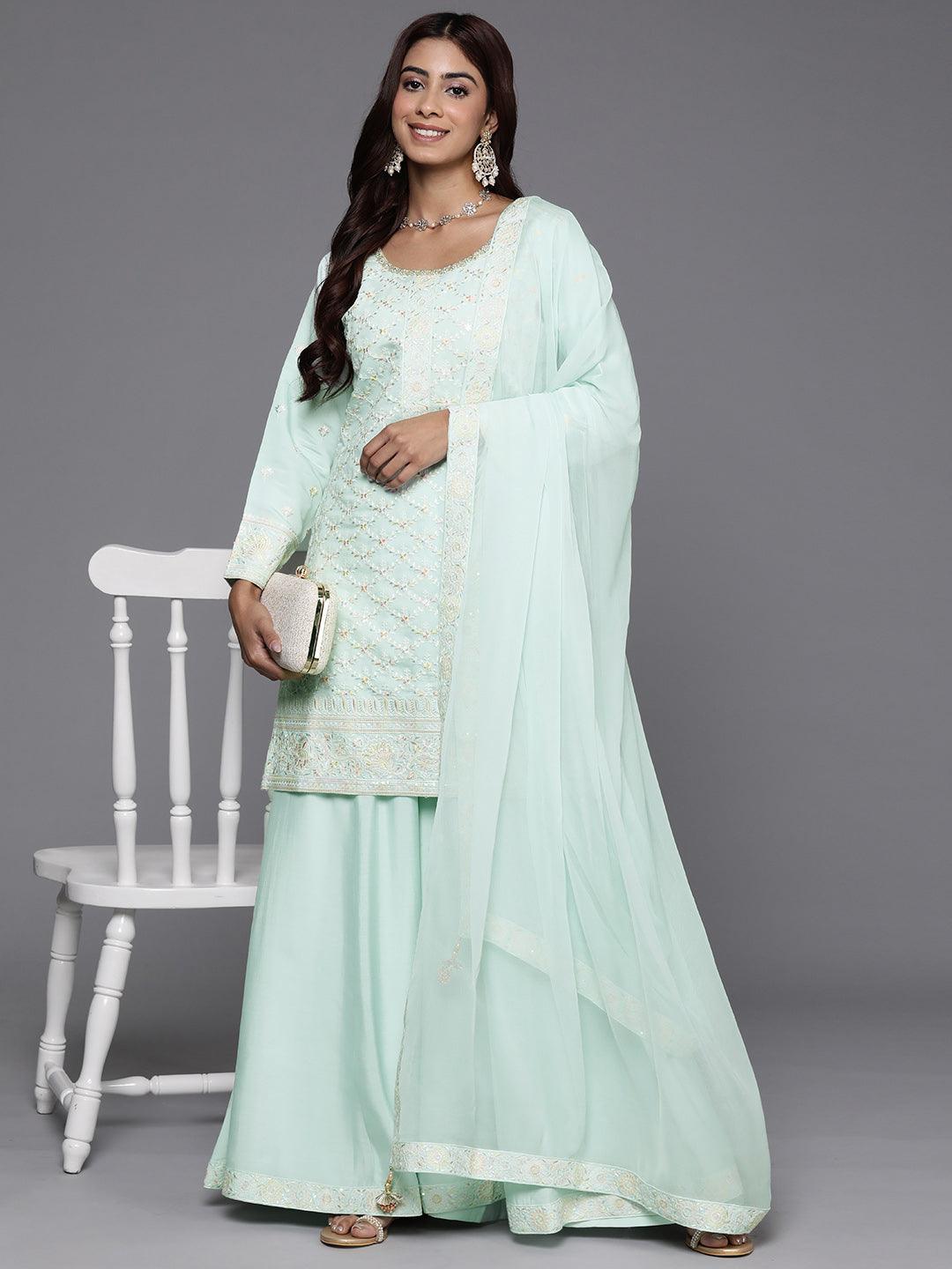 Libas Art Green Embroidered Silk Blend Straight Suit With Dupatta