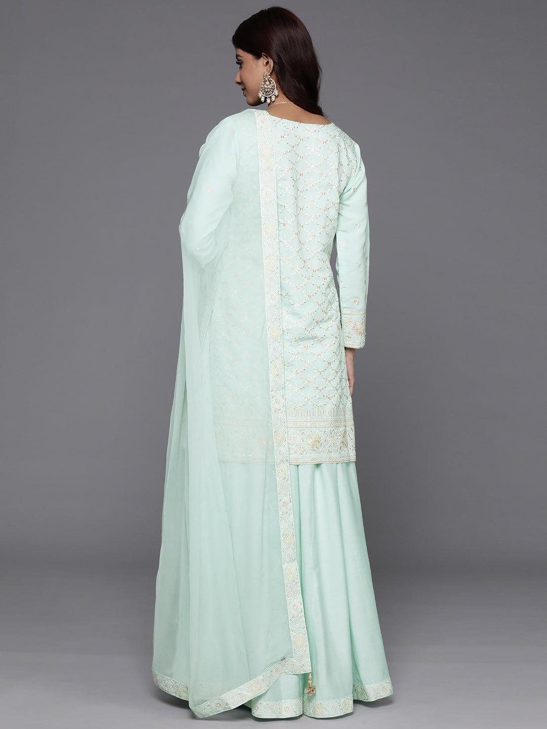 Libas Art Green Embroidered Silk Blend Straight Suit With Dupatta