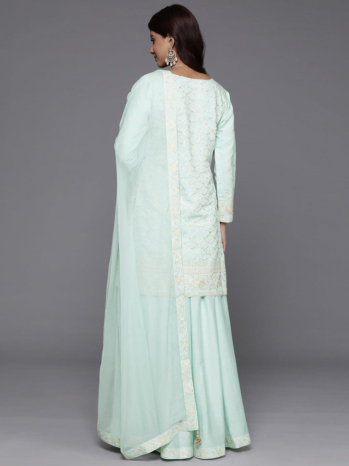 Libas Art Green Embroidered Silk Blend Straight Suit With Dupatta