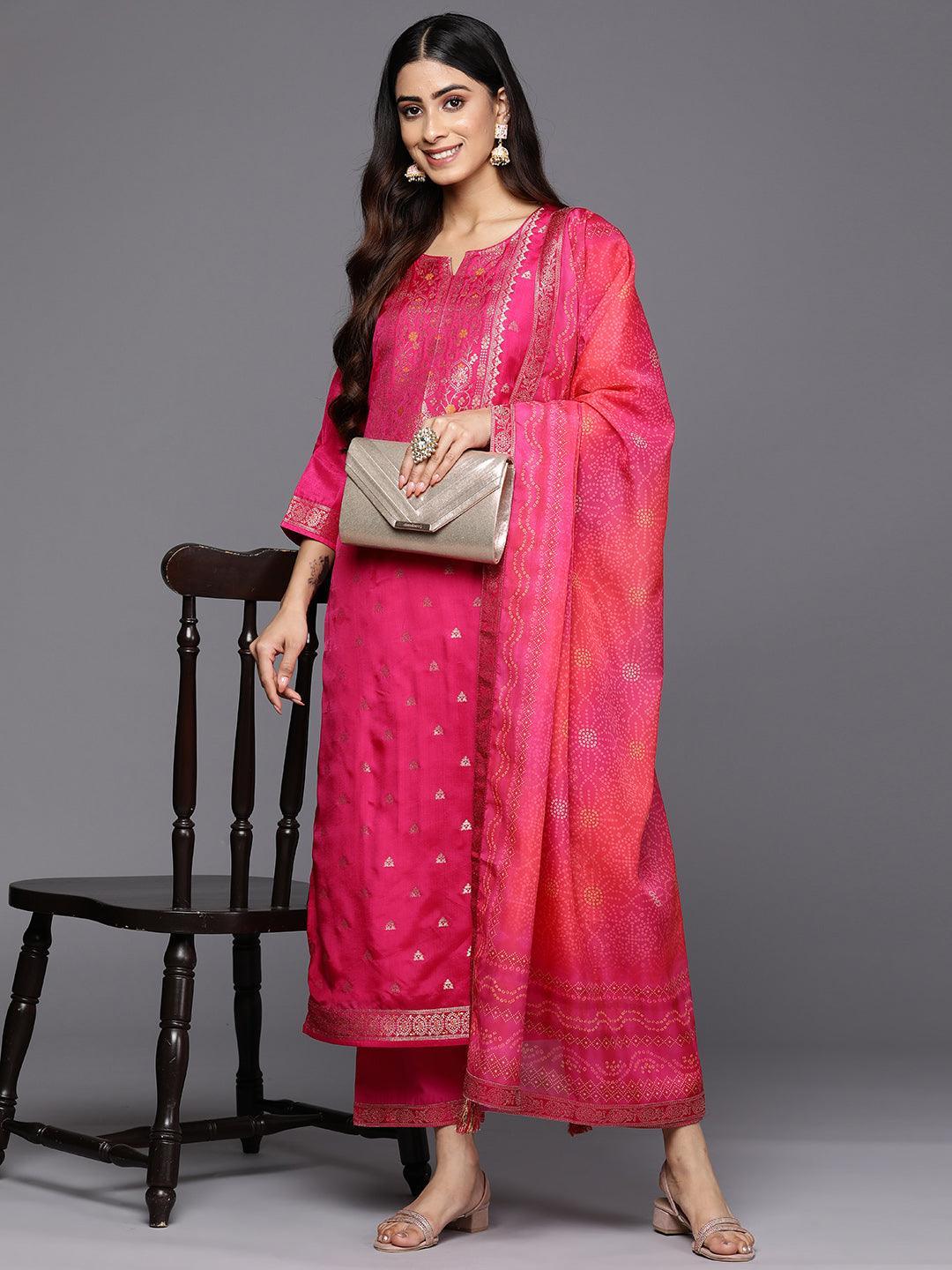 Magenta Self Design Silk Blend Straight Suit Set With Trousers - ShopLibas