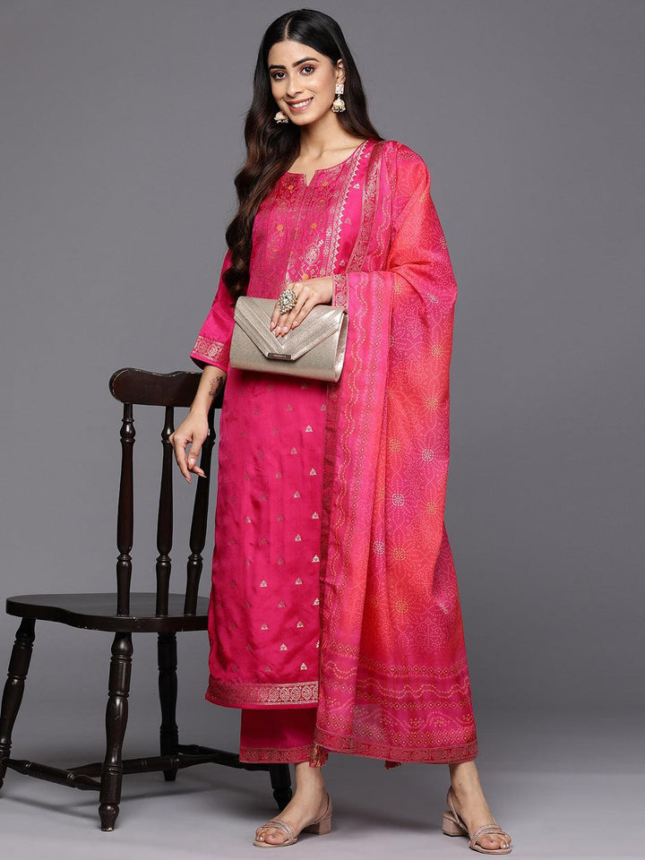 Magenta Self Design Silk Blend Straight Suit Set With Trousers