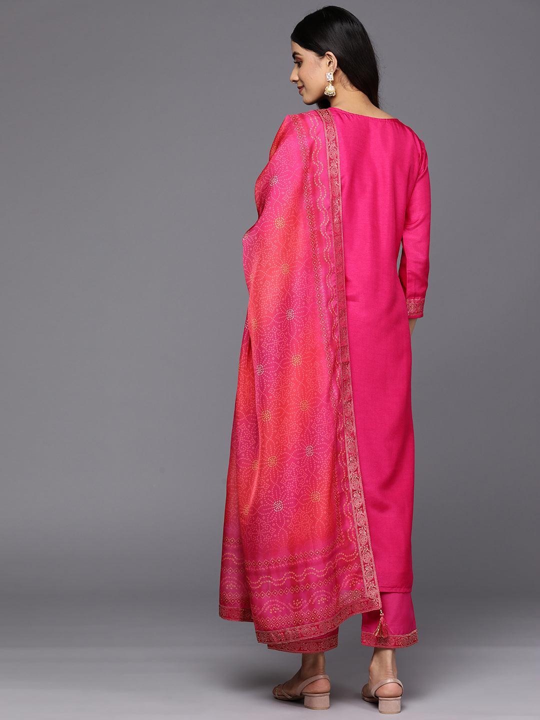 Magenta Self Design Silk Blend Straight Suit Set With Trousers - ShopLibas
