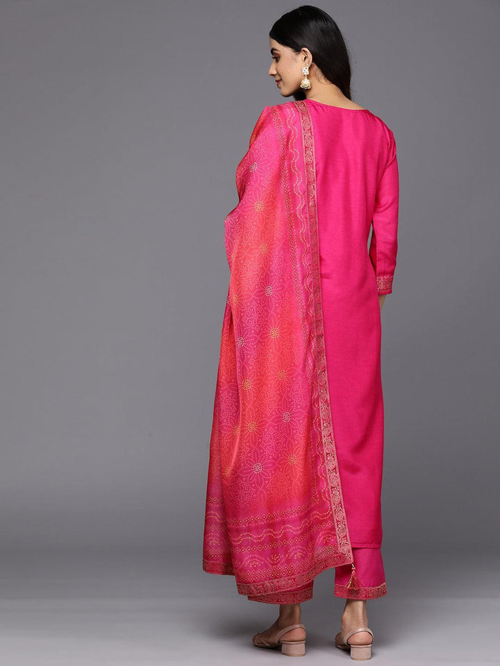 Magenta Self Design Silk Blend Straight Suit Set With Trousers