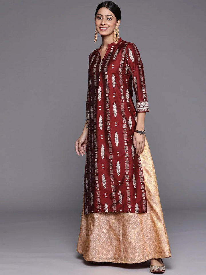 Maroon Printed Silk Straight Kurta