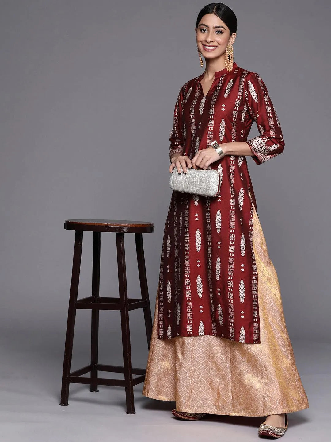 Maroon Printed Silk Straight Kurta - ShopLibas
