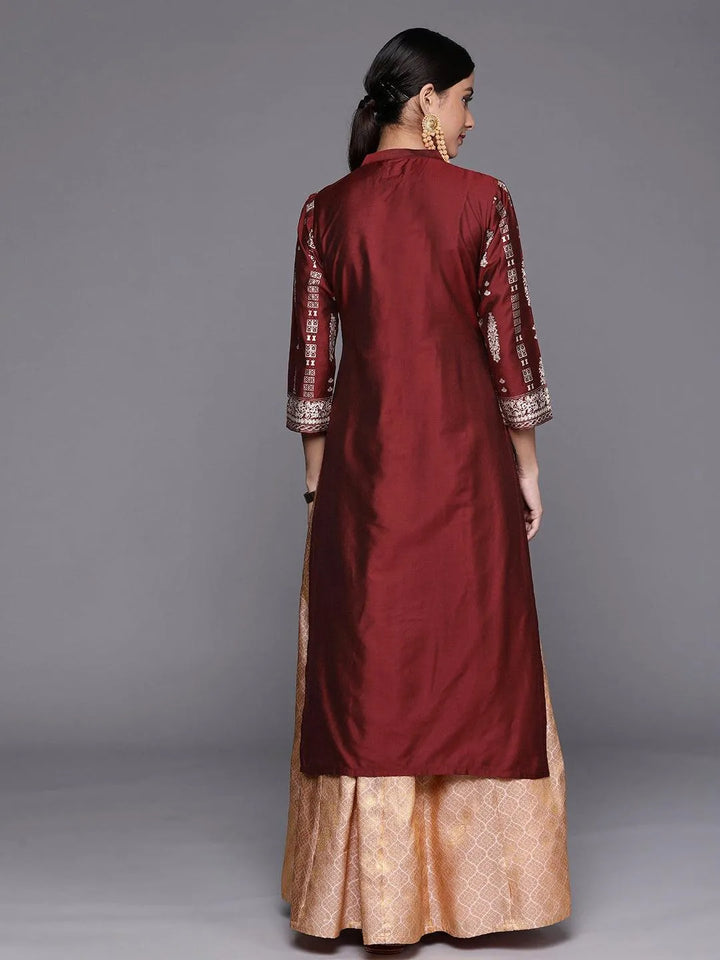 Maroon Printed Silk Straight Kurta