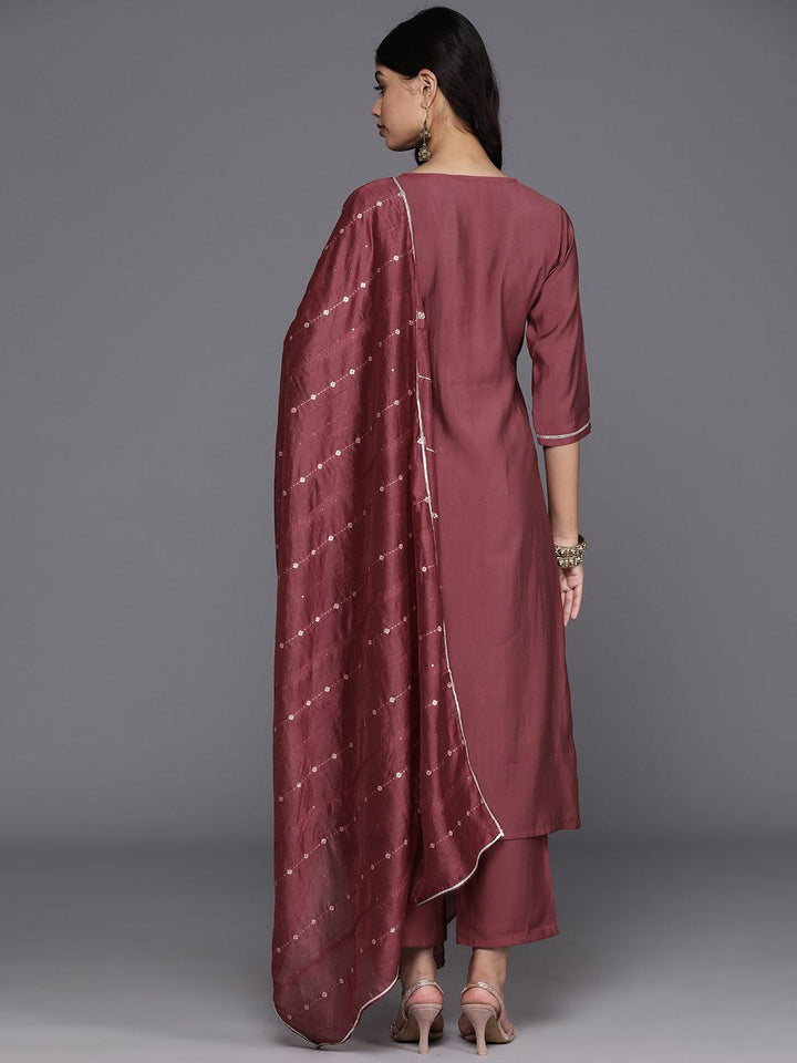 Mauve Yoke Design Silk Blend Straight Suit With Dupatta