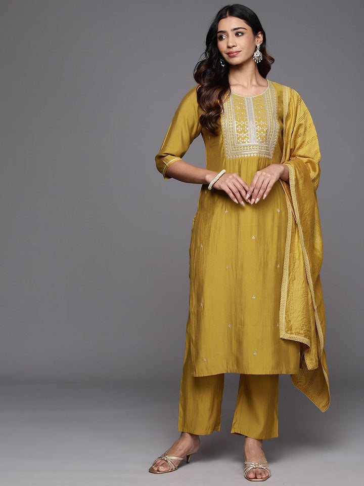 Mustard Embroidered Silk Blend Straight Suit With Dupatta