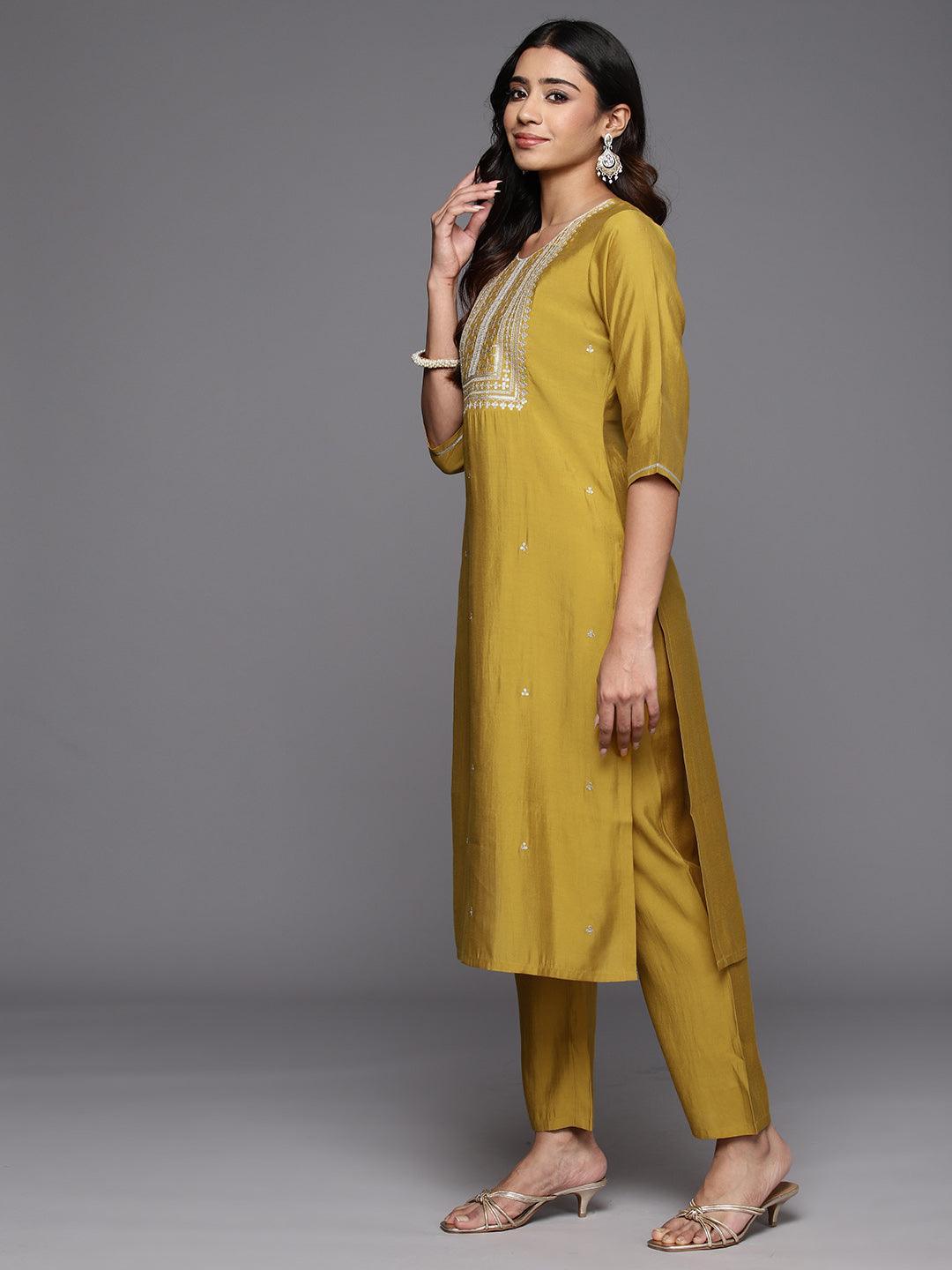 Mustard Embroidered Silk Blend Straight Kurta With Trousers & Dupatta - Libas