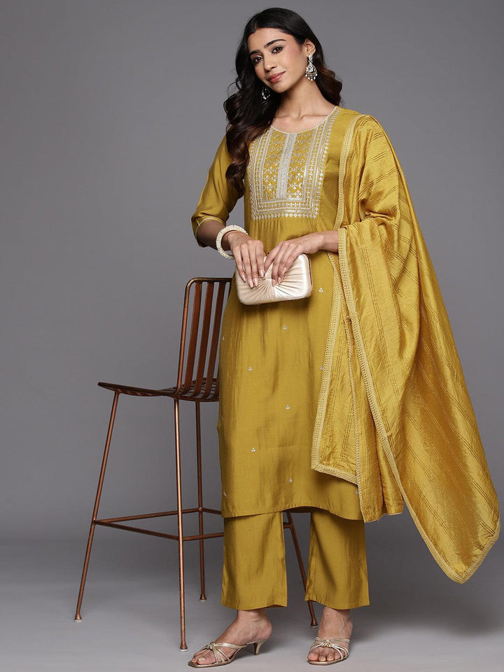 Mustard Embroidered Silk Blend Straight Suit With Dupatta