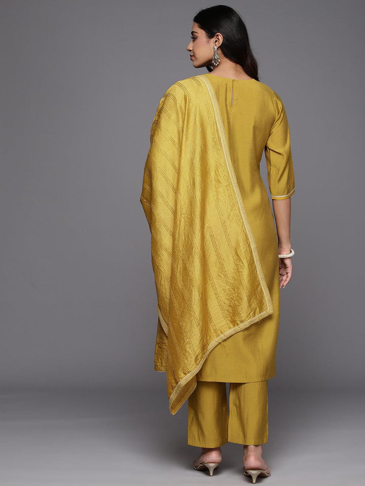 Mustard Embroidered Silk Blend Straight Suit With Dupatta