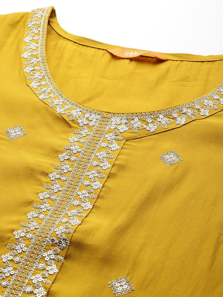 Mustard Embroidered Silk Blend Straight Suit With Dupatta