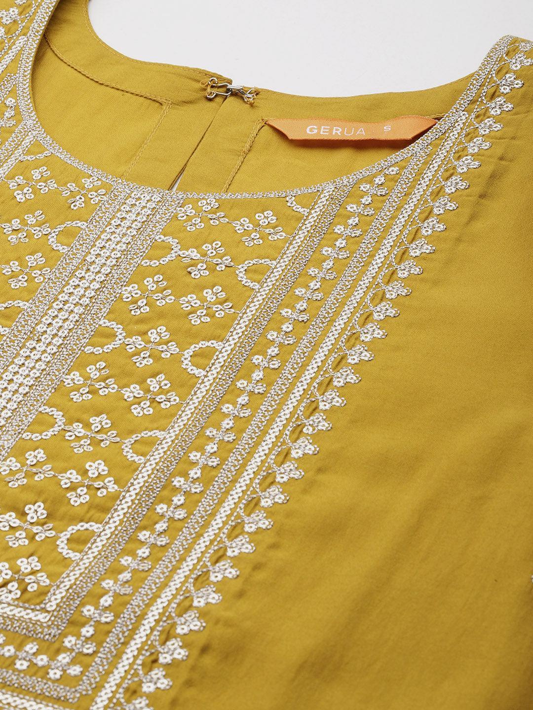 Mustard Embroidered Silk Blend Straight Kurta With Trousers & Dupatta - Libas