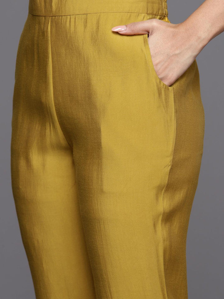 Mustard Embroidered Silk Blend Straight Suit With Dupatta