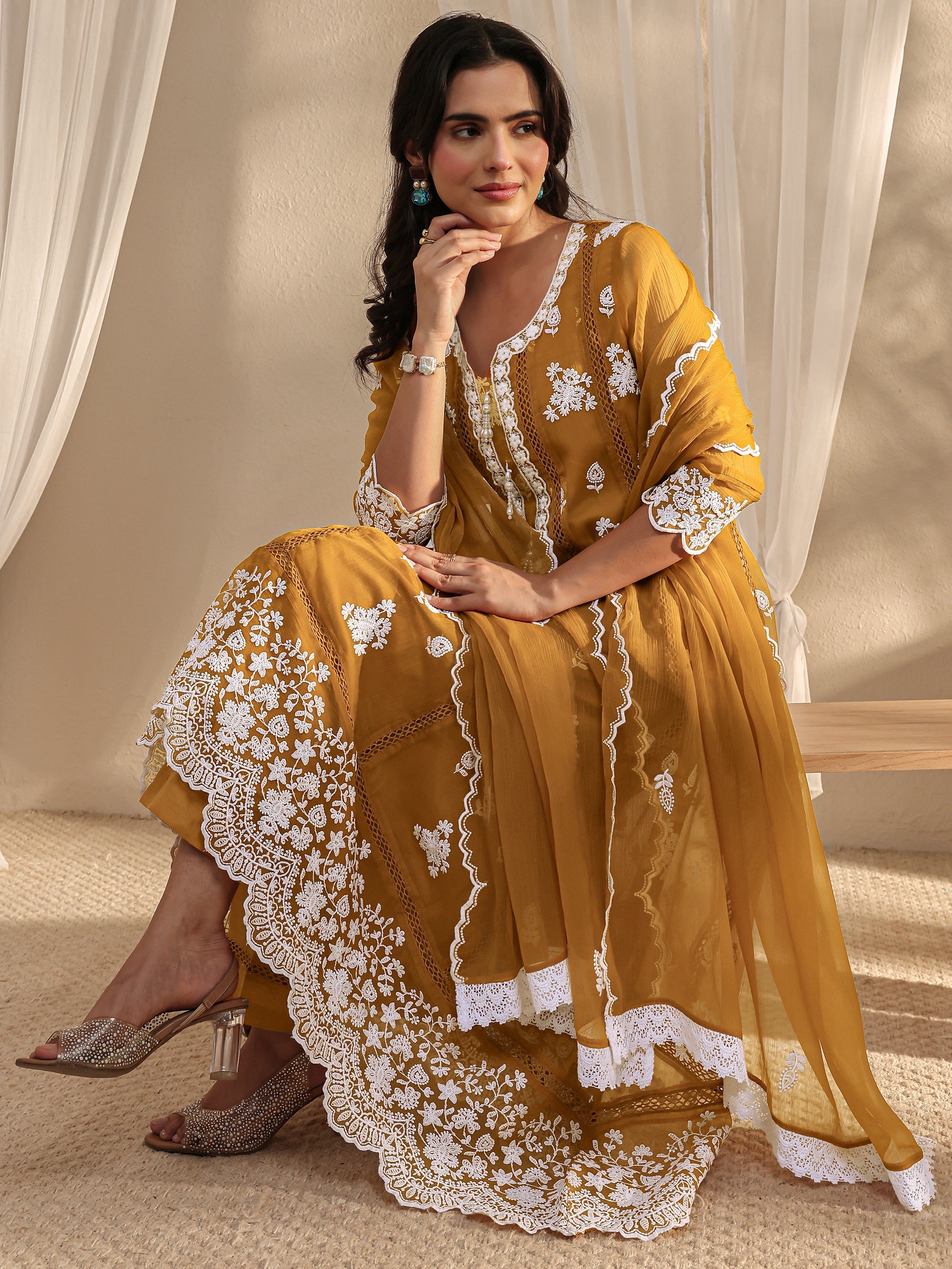 Libas Mustard Floral Embroidered Chiffon Anarkali Suit Set With Dupatta
