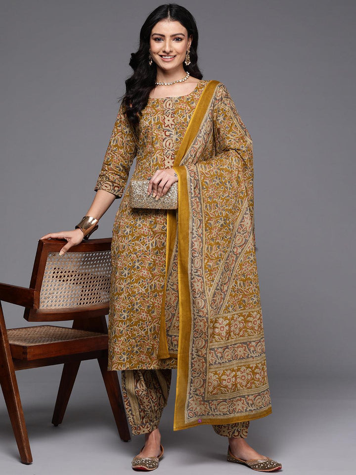 Mustard Printed Cotton Straight Suit With Dupatta