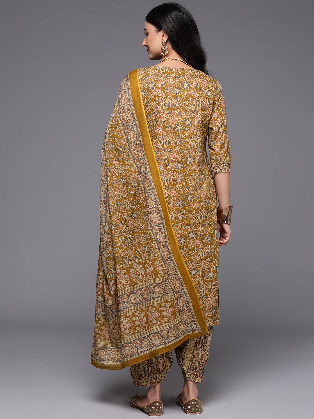 Mustard Printed Cotton Straight Kurta With Salwar & Dupatta - ShopLibas