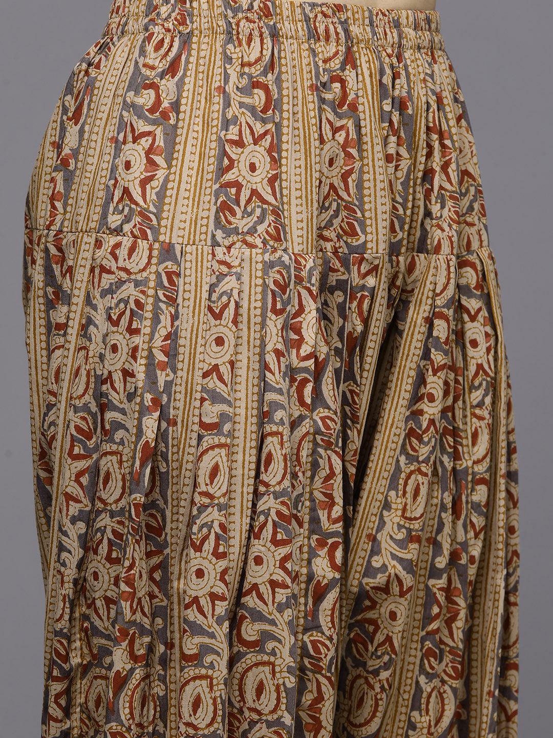 Mustard Printed Cotton Straight Kurta With Salwar & Dupatta - ShopLibas