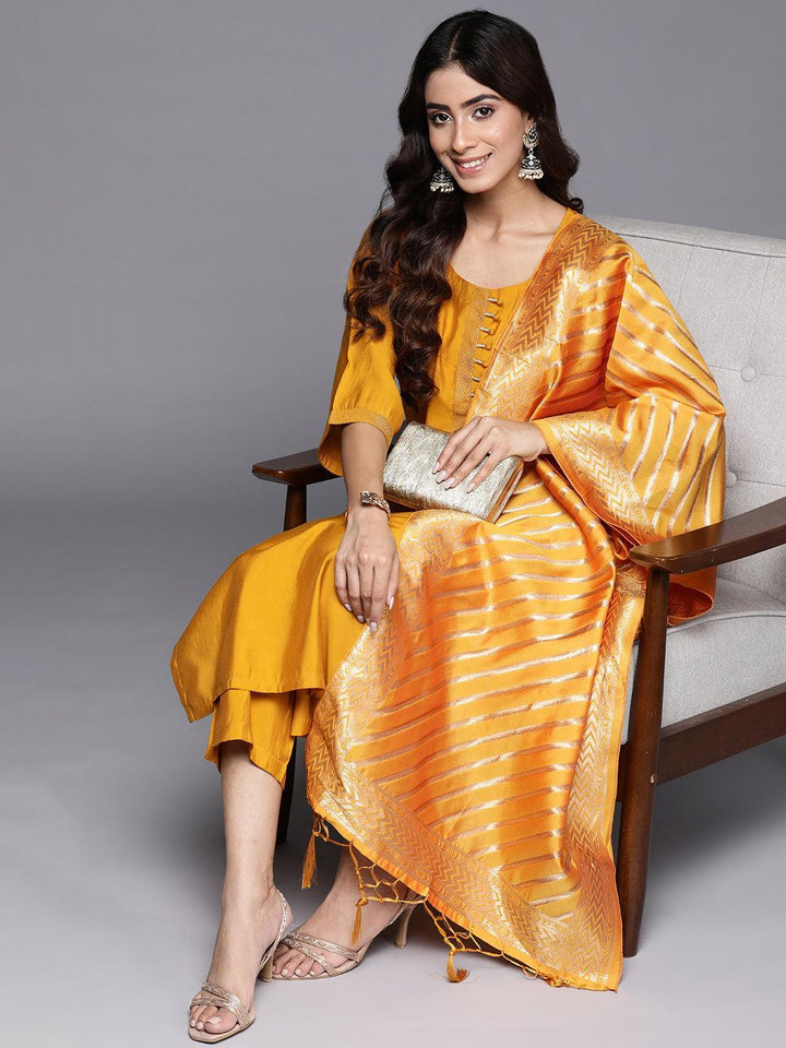 Mustard Solid Silk Blend Straight Suit With Dupatta