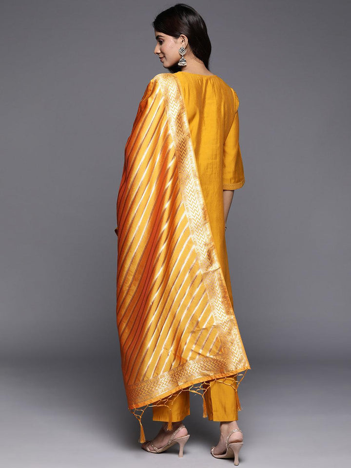 Mustard Solid Silk Blend Straight Suit With Dupatta