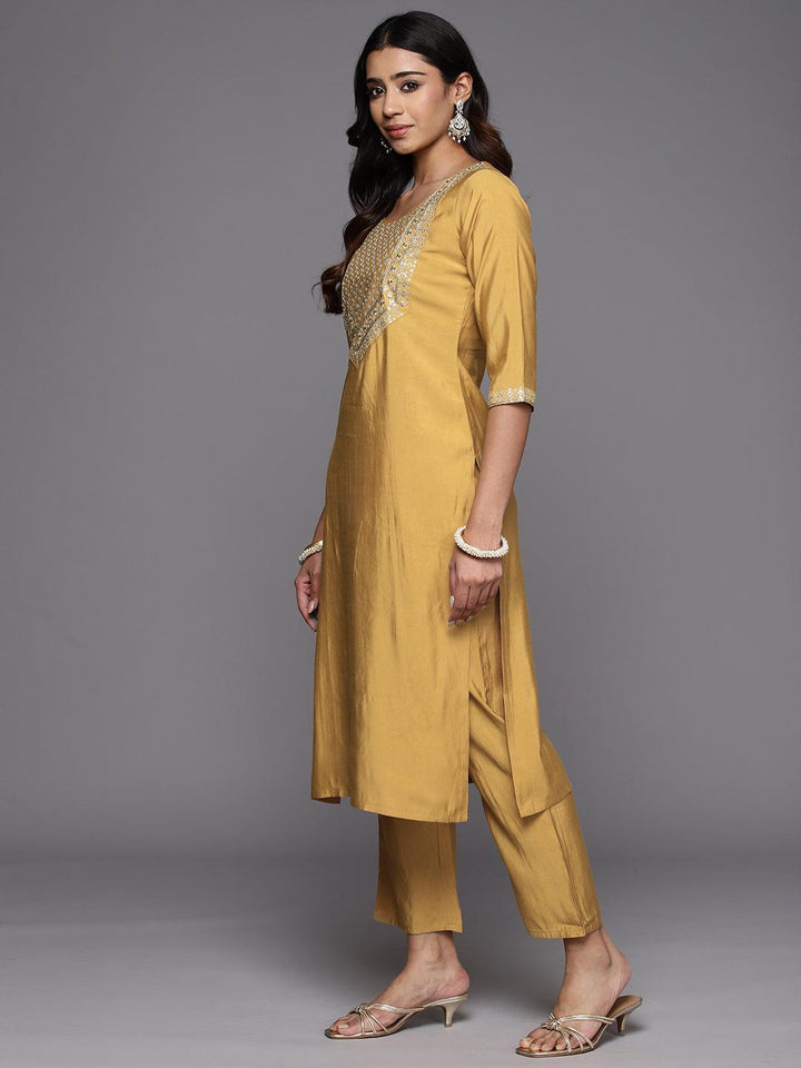 Mustard Yoke Design Silk Blend Straight Suit With Dupatta