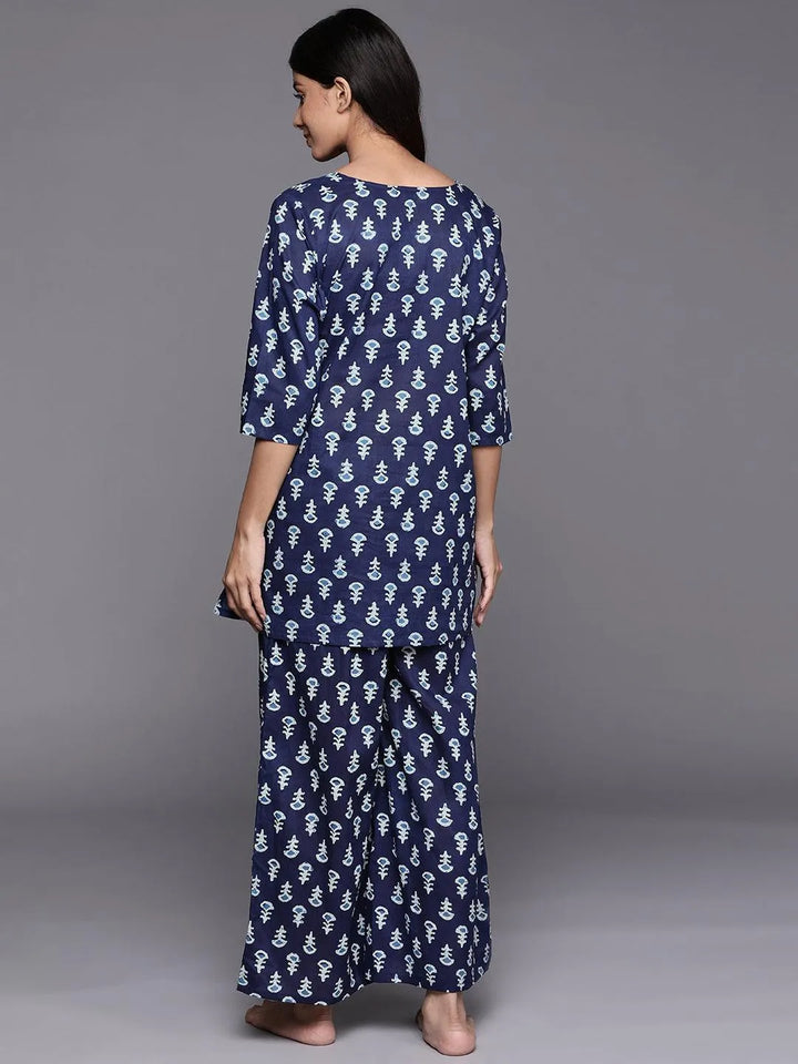 Navy Blue Printed Cotton Night Suit