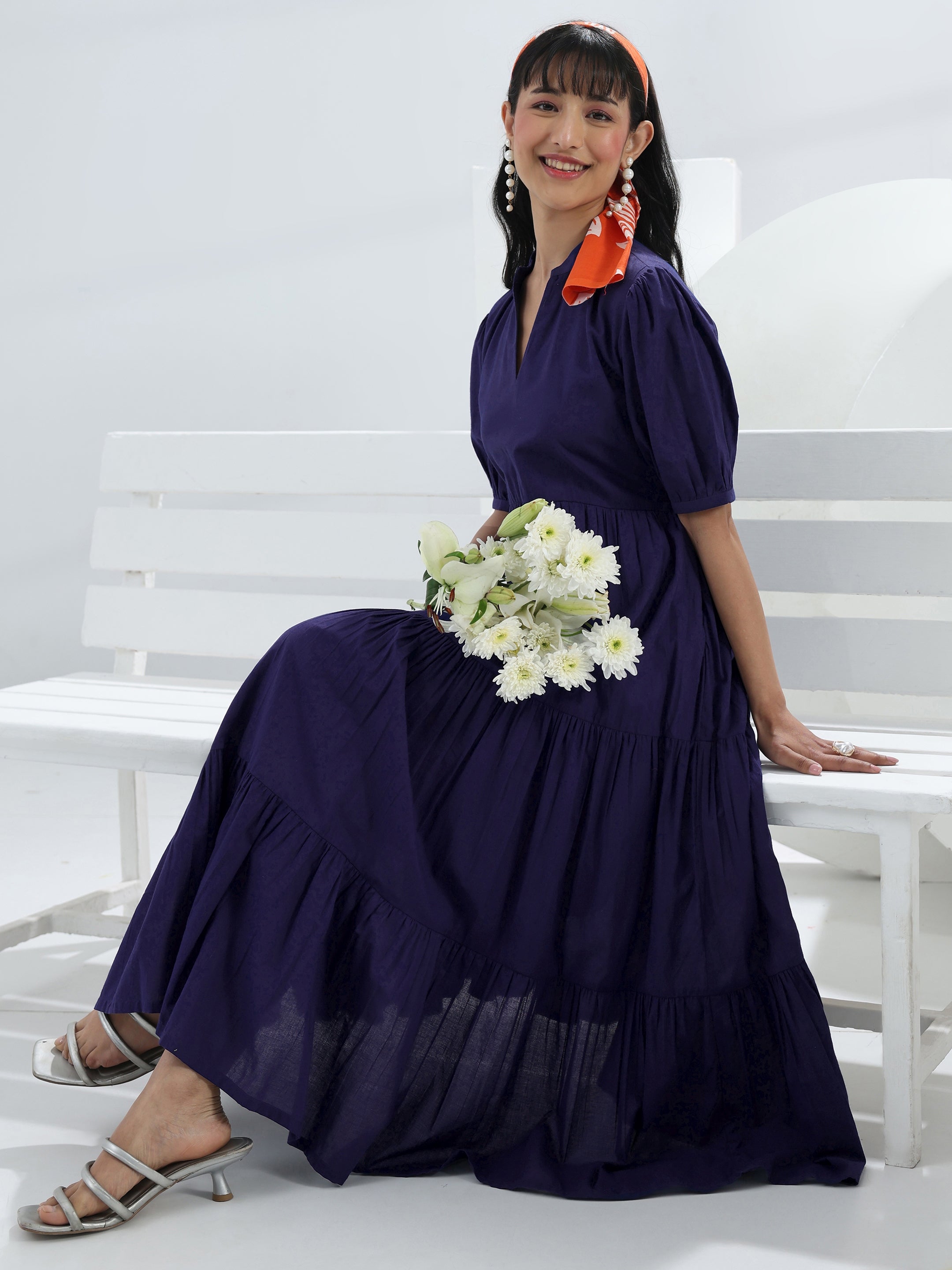 Buy Libas Navy Blue Solid Cotton One-Piece Tiered Dress Online in USA at $26.00